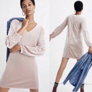 MADEWELL Pink Velvet Dress Balloon Long Sleeve Velour V-Neck Shift Mini